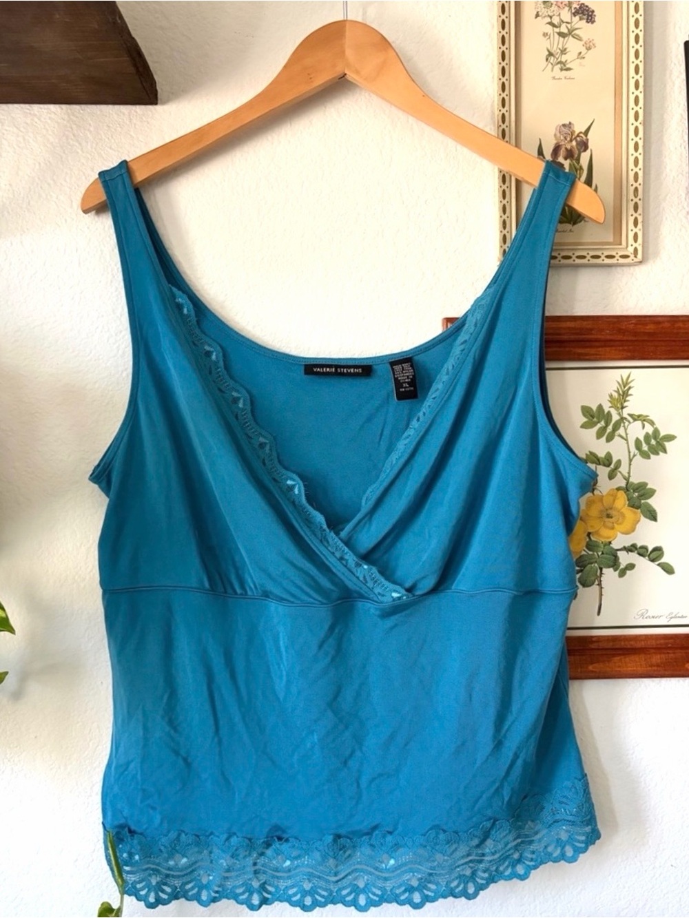 Vintage Y2K Silk Camisole Top – Teal Lace Trim Valerie Stevens XL